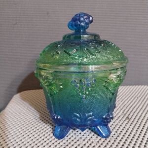 Vintage Jeannette 3525 Green Blue Pressed Glass Footed Lidded Candy Jar